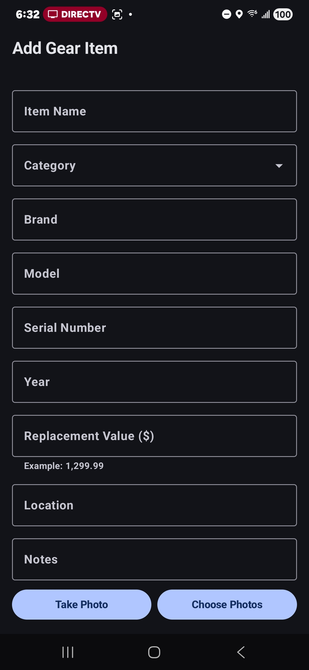 Add gear item screen