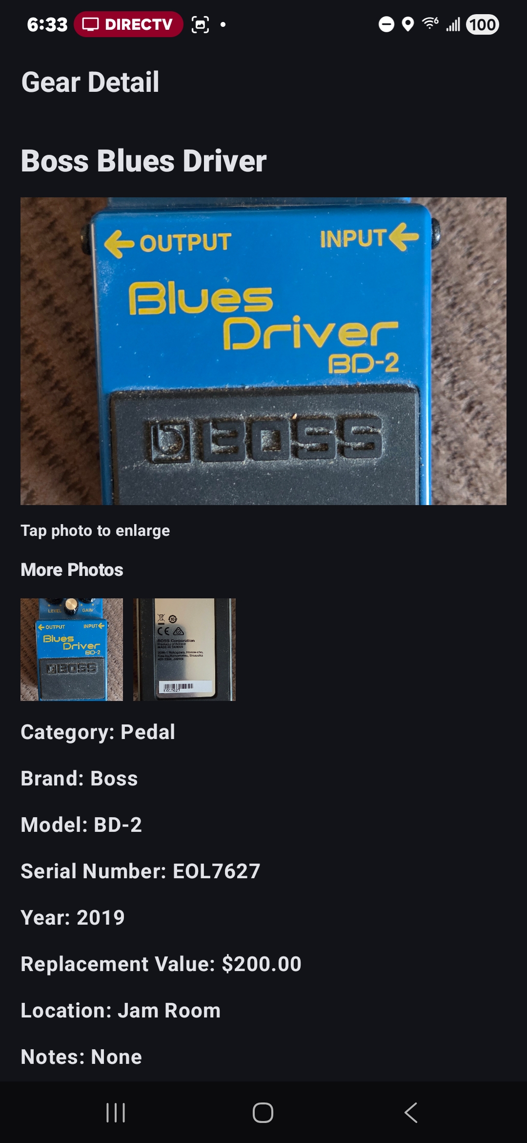 Gear detail screen with photos