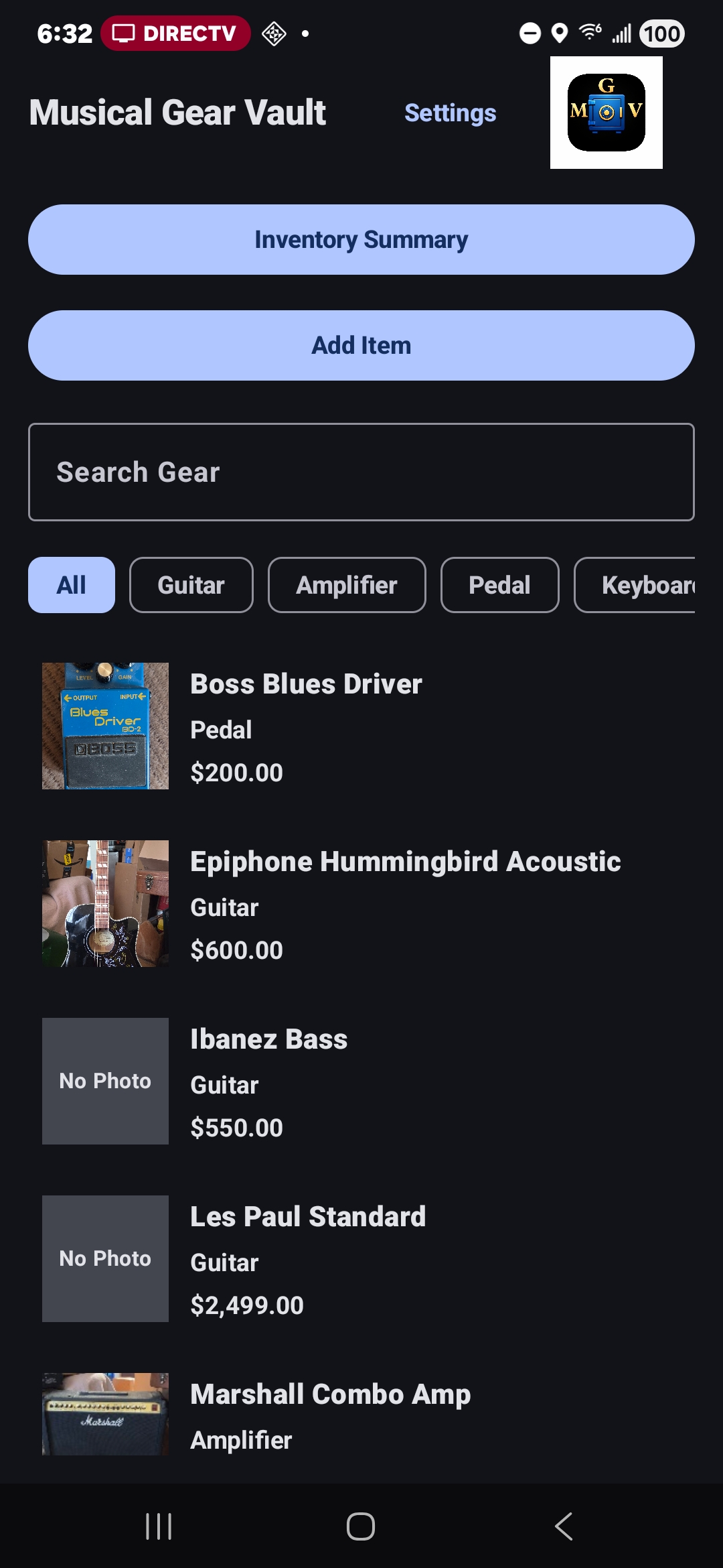 Musical Gear Vault inventory screen