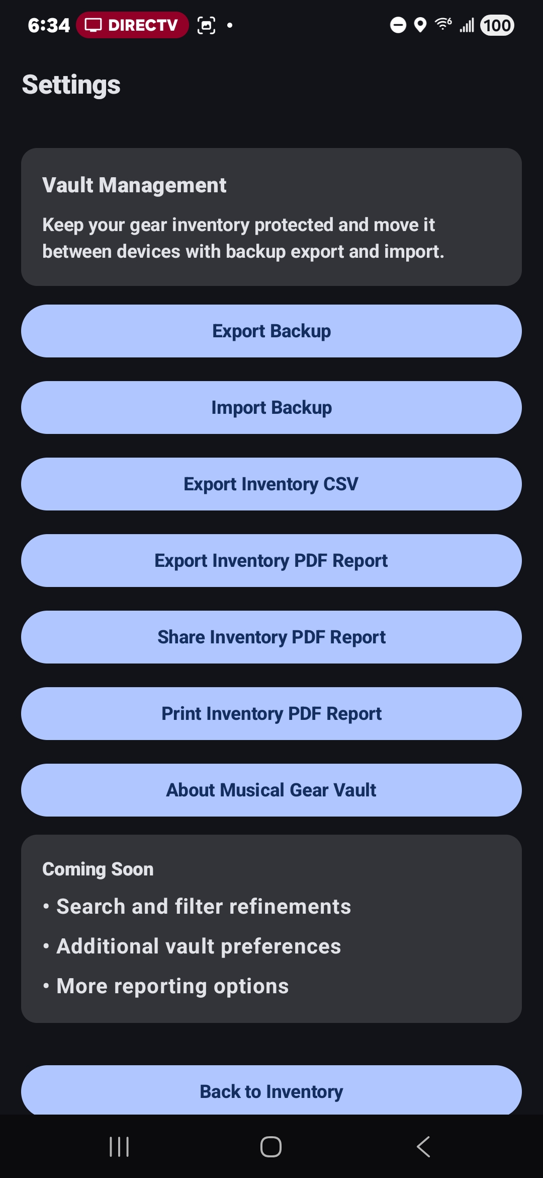 Settings screen with backup and export tools